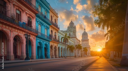 Sunset over the vibrant streets of Havana, Cuba, AI-generated,