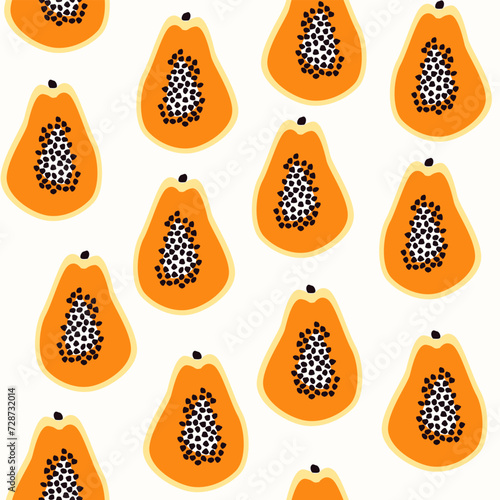 Exotic fruits pattern. Papaya background. Tropical seamless pattern with papaya fruits. Background with orange pawpaw. Exotic fruit backdrop for textile, digital paper, fabric, prints, decoration. 