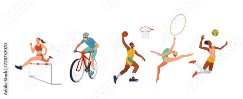 Professional sportspeople training color vector icon set. Strong athletes preparing for competition in summer illustration pack on white background