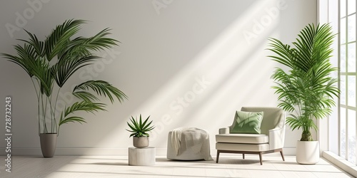 Simplistic indoor design with green palm in the living area.