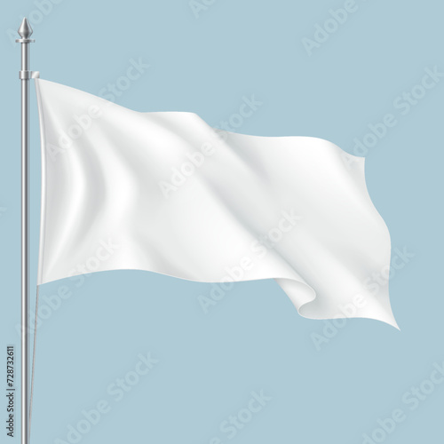 White fabric flag waving in wind realistic vector illustration. Textile banner flattering on pole against sky 3d model on blue background. Mockup design photo
