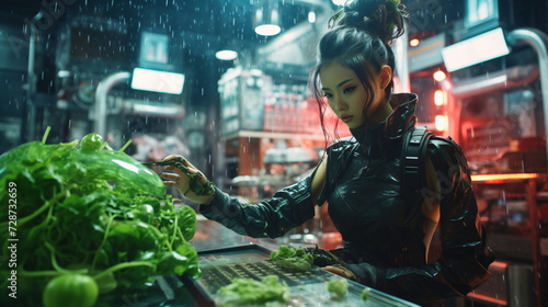 Cyberpunk woman in kitchen