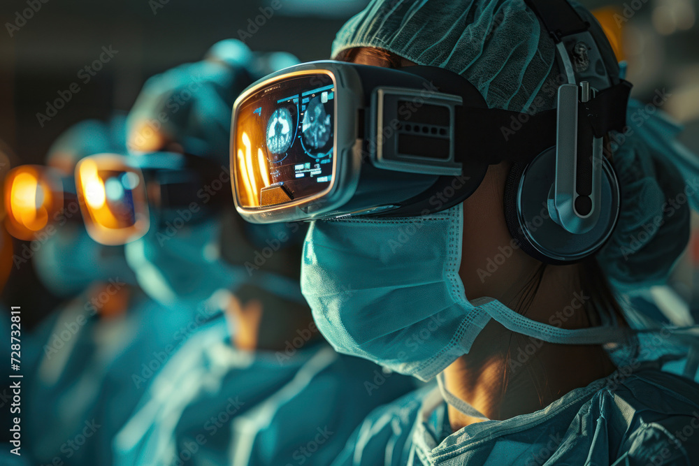 A surgeon immersed in the operating room, utilizing a VR headset for precision A surgeon immersed in the operating room, utilizing a VR headset for precision