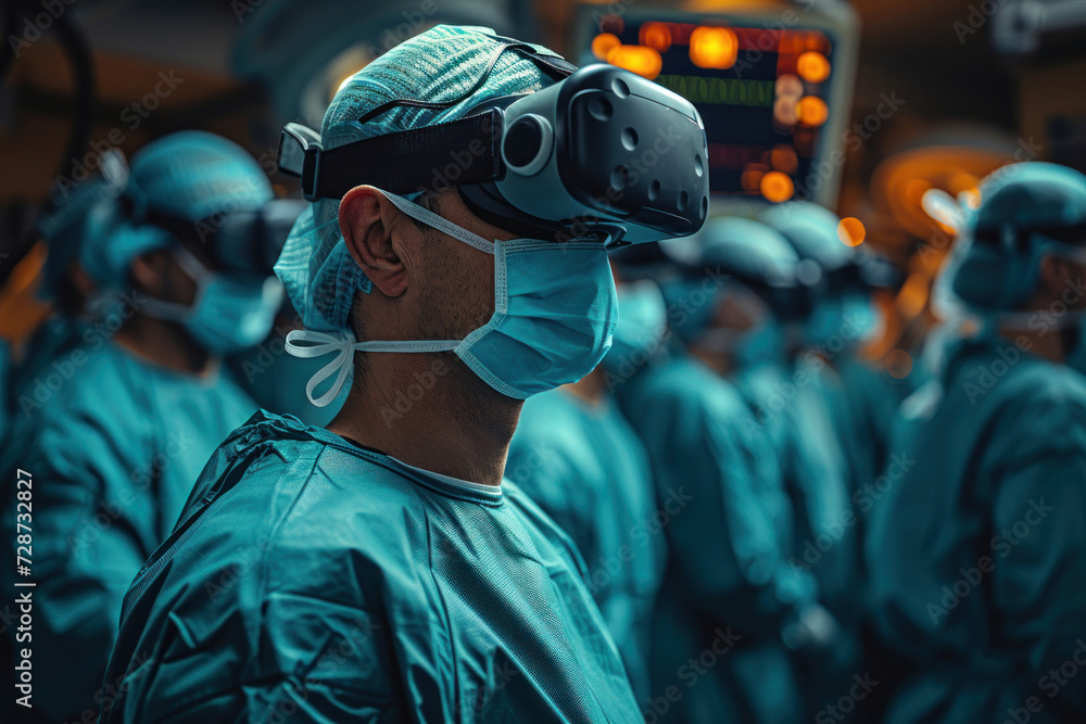 A surgeon immersed in the operating room, utilizing a VR headset for precision A surgeon immersed in the operating room, utilizing a VR headset for precision