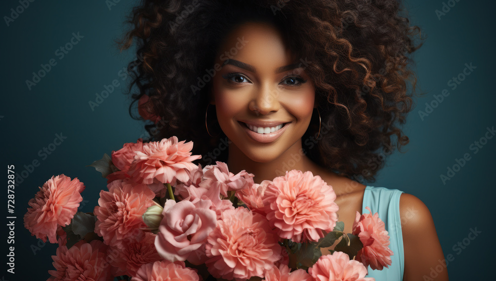 Portrait of a young smiling brunette with a bouquet of pink flowers Portrait of a young smiling brunette with a bouquet of pink flowers