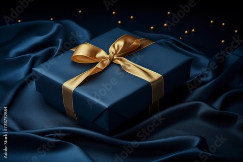 Luxurious gift tied with satin ribbon with bow on background of dark blue fabric. Beautiful drapery. Gift for any holiday or celebration: birthday, Valentine's day, women's day, wedding. Copy space.