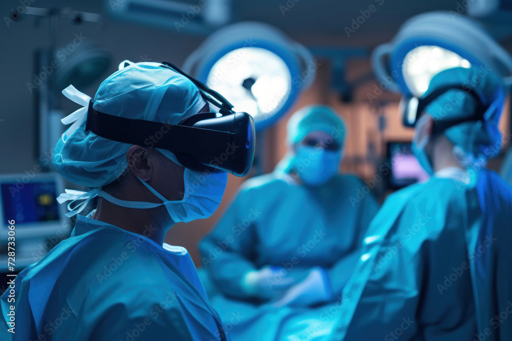 A surgeon immersed in the operating room, utilizing a VR headset for precision A surgeon immersed in the operating room, utilizing a VR headset for precision