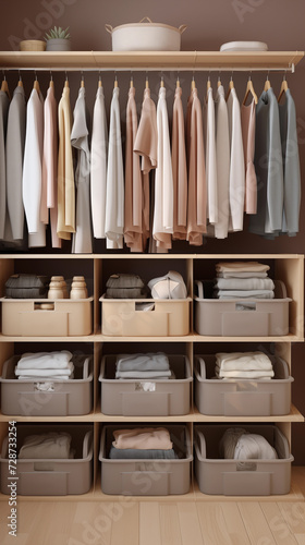Clothes storage box located in the closet, clean wardrobe, multi-compartment storage. Spring cleaning concept
