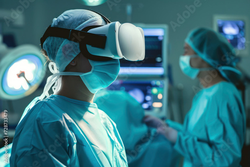 A surgeon immersed in the operating room, utilizing a VR headset for precision