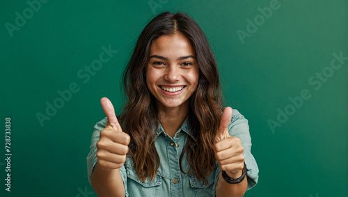 young woman with a radiant smile doing thumbs up on a green background