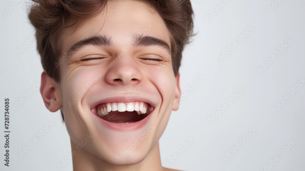 A professional studio photograph of a handsome young white American boy with perfectly clean teeth, laughing and smiling. Highlighted on a white background, for advertising and web design A professional studio photograph of a handsome young white American boy with perfectly clean teeth, laughing and smiling. Highlighted on a white background, for advertising and web design