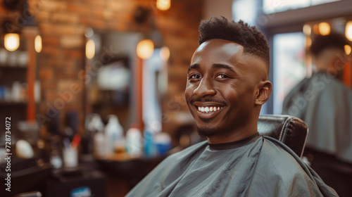 Black smiling man sitting in a barber shop and getting a haircut photo