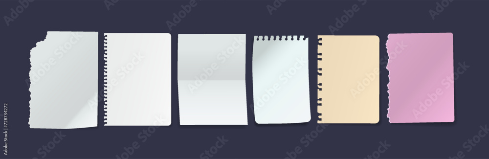 Blank notebook torn-out pages vector illustration set. Variety papers with mockup place 3d models on dark background. Writing memory notices Blank notebook torn-out pages vector illustration set. Variety papers with mockup place 3d models on dark background. Writing memory notices