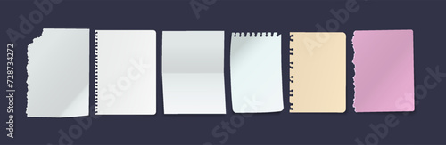 Blank notebook torn-out pages vector illustration set. Variety papers with mockup place 3d models on dark background. Writing memory notices