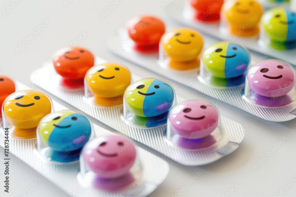 Pill tablet packaging featuring colorful rainbow smiley face pills shaped like peapods Pill tablet packaging featuring colorful rainbow smiley face pills shaped like peapods
