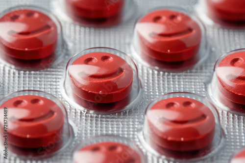 Pill tablet packaging featuring vibrant red smiley face pills shaped like peapods photo