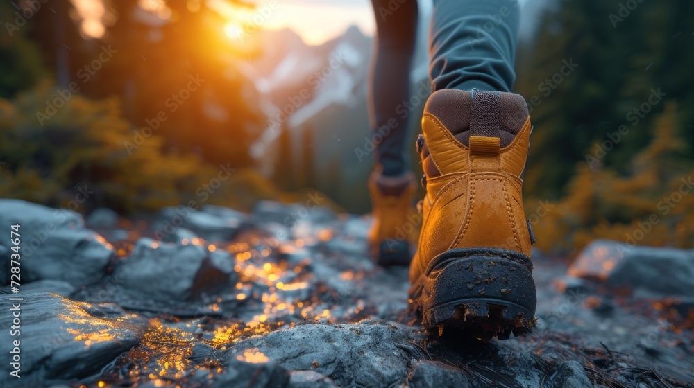 Hikers walking through a forest in the soft glow of sunset light. The focus is on the rear view of a hiker's shoe, providing a serene scene with copy space for text