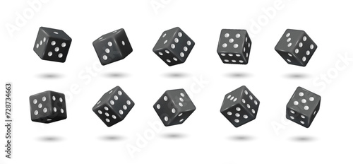 Flying black dices of casino realistic vector illustration set. Throwing cubes to win bet 3d elements on white background. Gambling games