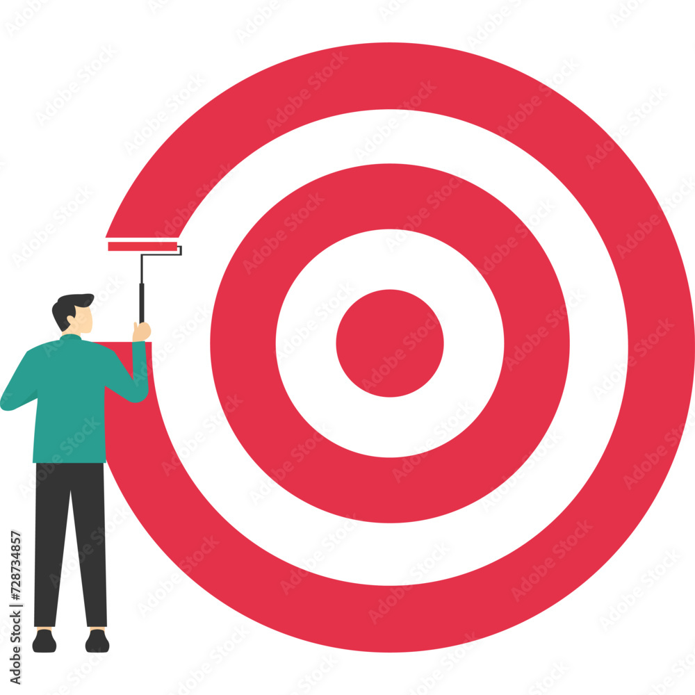 KPI, key performance indicators or set goals and achievement concept, Goals, set business goals or targets, ambitious businessman using paint roller to paint big dartboard, archery target. KPI, key performance indicators or set goals and achievement concept, Goals, set business goals or targets, ambitious businessman using paint roller to paint big dartboard, archery target.