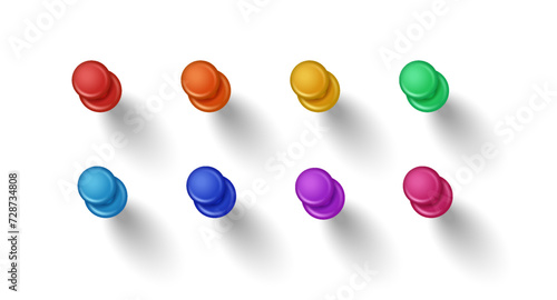 Multicolor pins realistic vector illustration set. Color pushpins with plastic caps 3d models on white background. Attaching thumbtacks