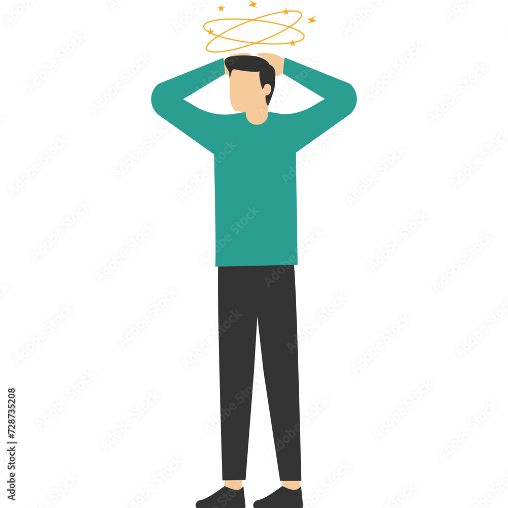 Sick people suffer from vertigo, feel confused, dizzy and have headaches. disease symptoms, migraine, hangover concept. Flat vector illustration for stress.