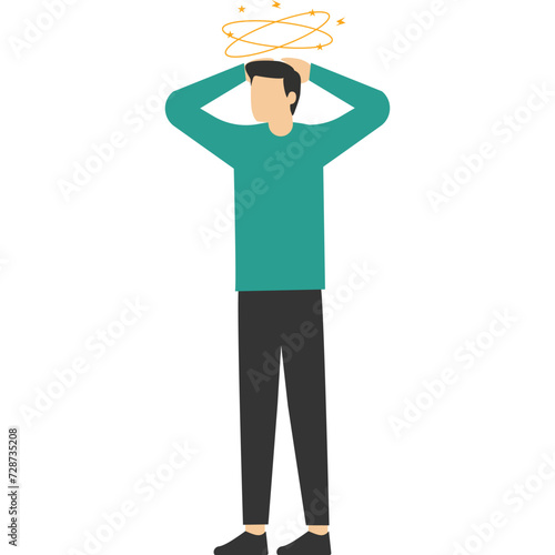 Sick people suffer from vertigo, feel confused, dizzy and have headaches. disease symptoms, migraine, hangover concept. Flat vector illustration for stress.