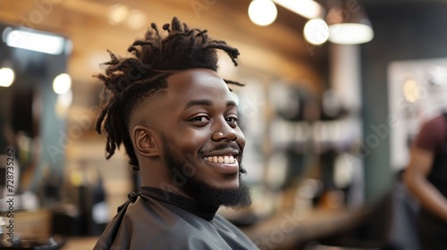 Black young smiling man sitting in a barbershop and getting a haircut photo