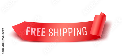Free Shipping ribbon tag realistic vector illustration. Red arrow offering complimentary delivery service banner 3d models on white background