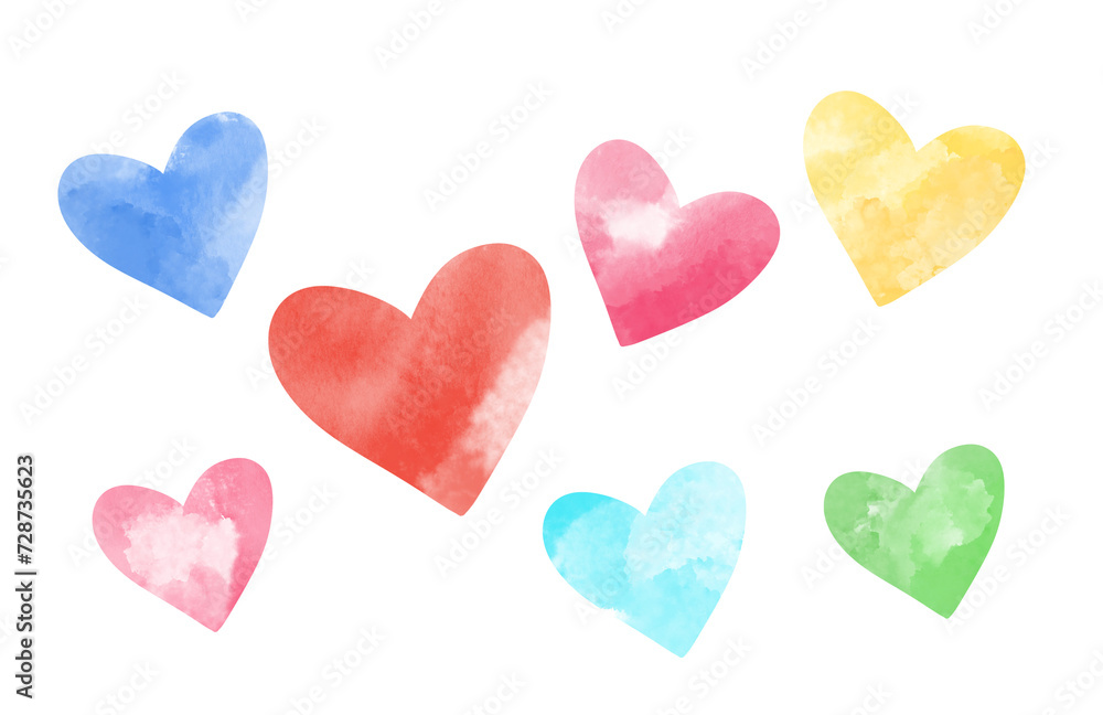 Fototapeta premium Watercolor multicolored hearts illustration isolated blue, turquoise, red, pink, yellow, green