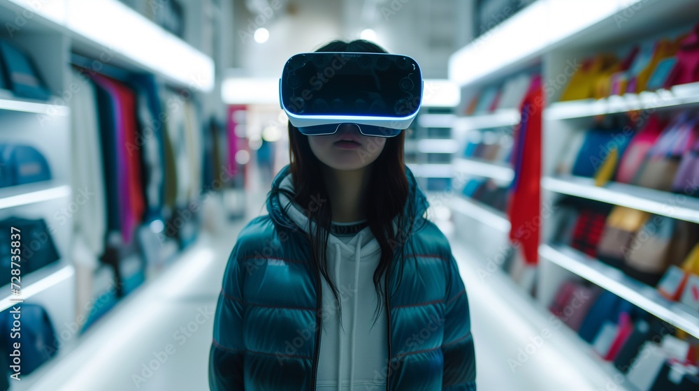 Virtual reality shopping, using VR glasses to browse and select products in a digitally enhanced marketplace, merging the physical and virtual worlds for a futuristic retail experience. Virtual reality shopping, using VR glasses to browse and select products in a digitally enhanced marketplace, merging the physical and virtual worlds for a futuristic retail experience.