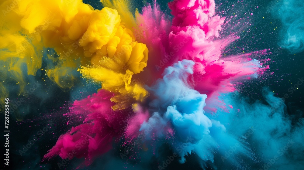 A vibrant CMYK explosion depicting a dynamic burst of cyan, magenta, yellow, and black toner splatters against a white background, symbolizing creativity and the printing process.