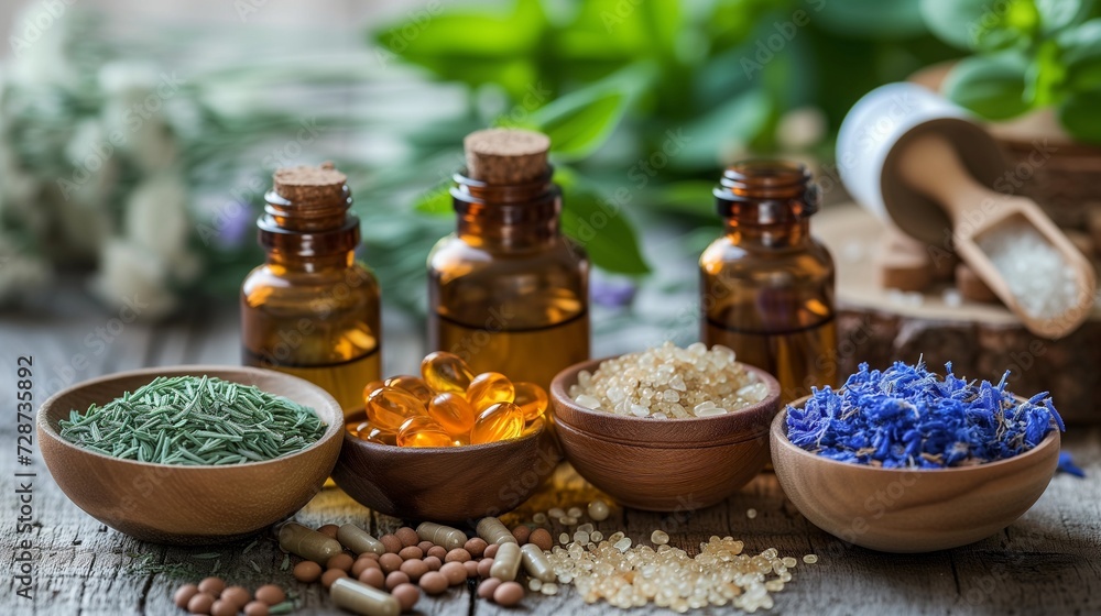 Natural homeopathic remedies for illness, including herbal supplements, essential oils, and organic ingredients, symbolizing a holistic approach to health and wellness. - obrazy, fototapety, plakaty 