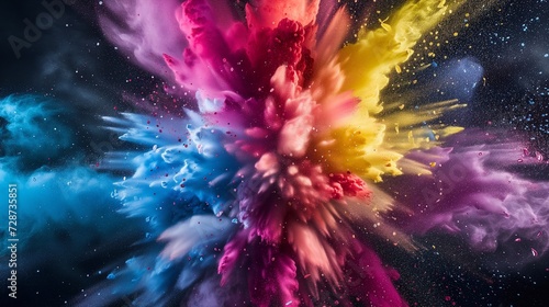 A vibrant CMYK explosion depicting a dynamic burst of cyan, magenta, yellow, and black toner splatters against a white background, symbolizing creativity and the printing process.