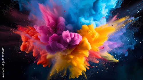 A vibrant CMYK explosion depicting a dynamic burst of cyan, magenta, yellow, and black toner splatters against a white background, symbolizing creativity and the printing process. © TensorSpark