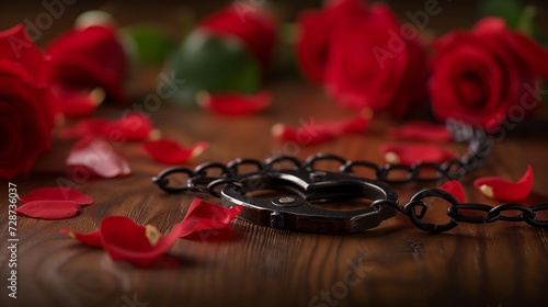 Handcuffs and a rose on a bed of petals