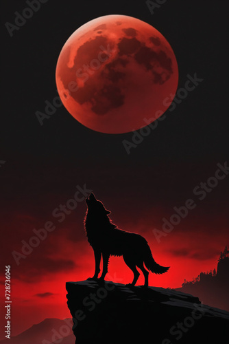 Wolf standing on top of a cliff under a red moon