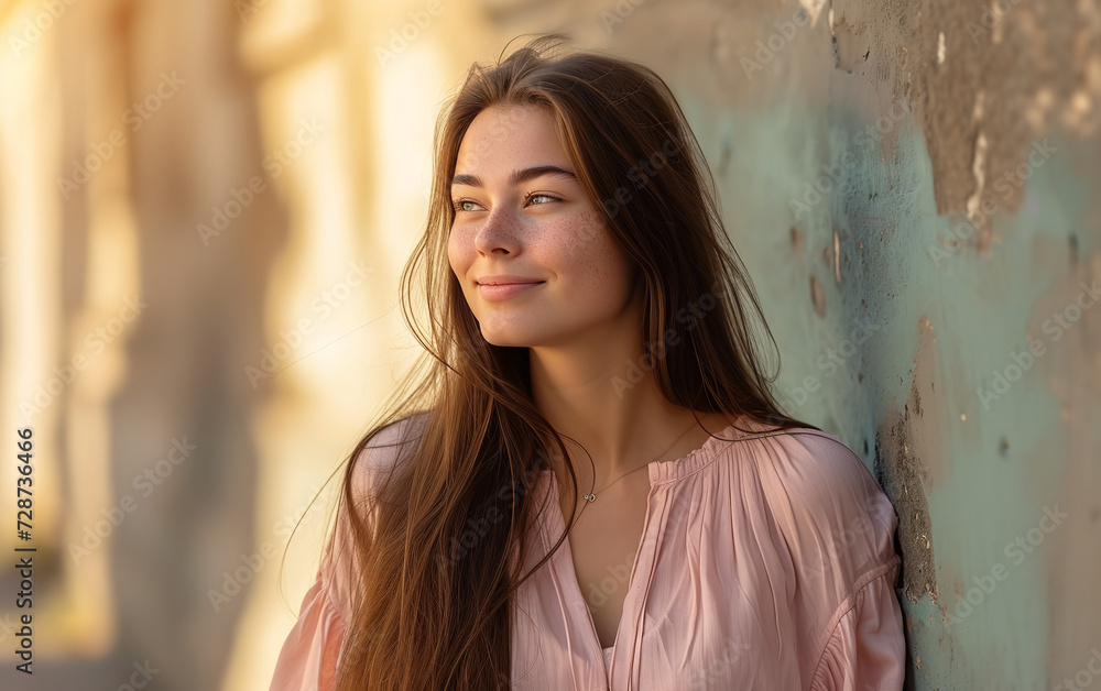 Fototapeta premium a photo of a beautiful long-haired woman, dressed in wearing a pink blouse, the model is Smiling brightly while looking out at the sky, Natural morning light