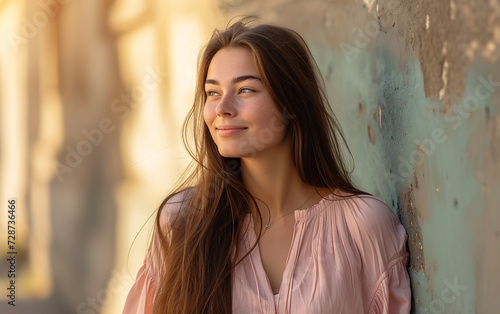 a photo of a beautiful long-haired woman, dressed in wearing a pink blouse, the model is Smiling brightly while looking out at the sky, Natural morning light