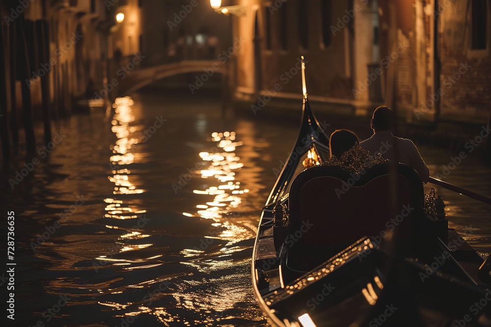 A twilight gondola ride in Venice, showcasing a couple in a moment of silent admiration for the city's nighttime charm - obrazy, fototapety, plakaty 