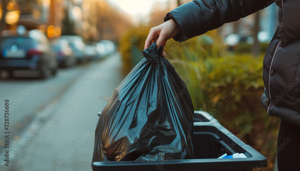 A woman’s hand placing a garbage bag into a trash bin