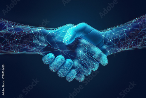Two wire-frame glowing hands coming together in a handshake, representing technology, business, and the concept of trust photo