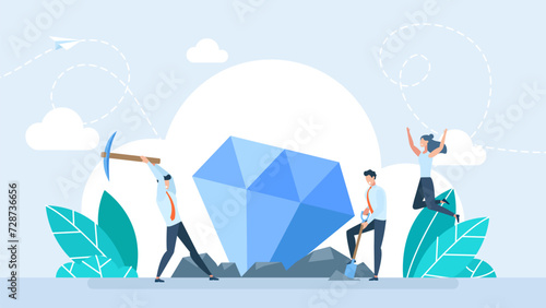 A team digs a diamond out of the ground with pickaxe and shovel. Businessman digging and mining to find treasure. Hard Worker. Business concept of Persistent Work will Gain Result. Vector illustration
