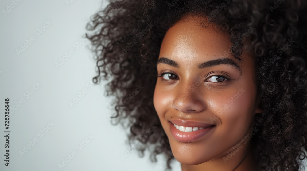 Close up studio shot of beautiful african american woman model with curly dark hair looking at camera with charming cute smile while posing against white blank copy space wall Close up studio shot of beautiful african american woman model with curly dark hair looking at camera with charming cute smile while posing against white blank copy space wall