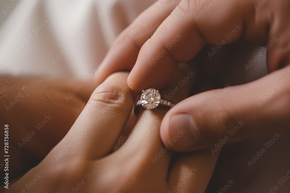 Close-up of a man's hand sliding an elegant silver engagement ring adorned with a sparkling diamond onto a woman's delicate finger Close-up of a man's hand sliding an elegant silver engagement ring adorned with a sparkling diamond onto a woman's delicate finger
