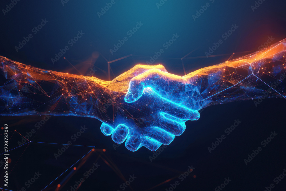 Two wire-frame glowing hands coming together in a handshake, representing technology, business, and the concept of trust