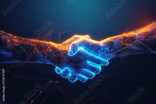 Obraz na płótnie Two wire-frame glowing hands coming together in a handshake, representing technology, business, and the concept of trust w salonie