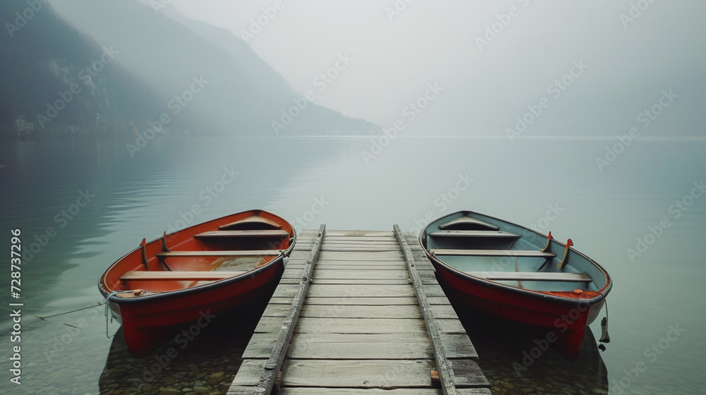 Misty lake with boats and wooden dock.