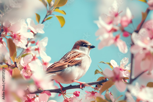little birds and birds chicks sit among the branches of an apple tree with white flowers in a sunny spring garden