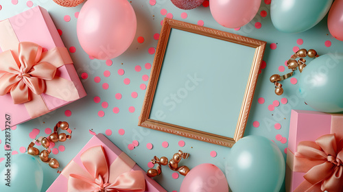 on theright side of the photo there is an empty poster in a gold frame, next to three big pink plain boxes tied with a honey ribbon with a large bow, around confetti and beads photo