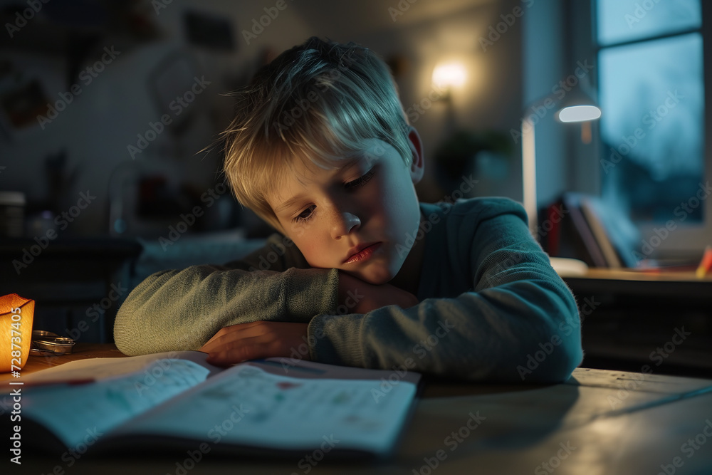 Sad tired european blond child doing his homework Sad tired european blond child doing his homework